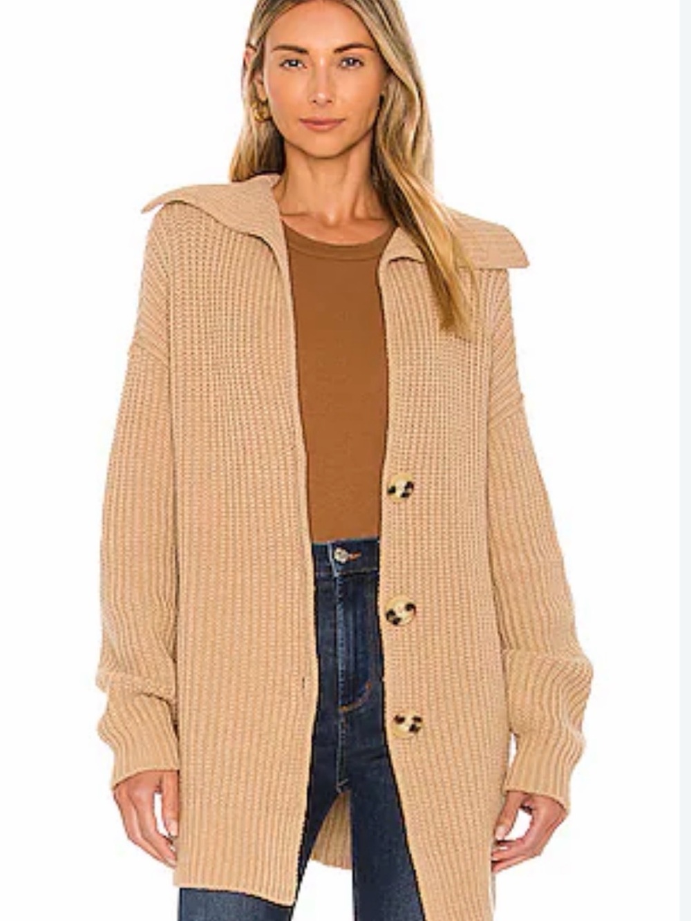 Free People Beige Ribbed Button-Front Cardigan